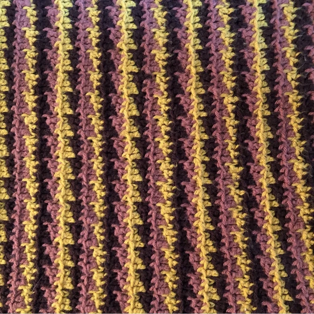 VINTAGE 70s Handmade Crochet Striped Fall Colors Knit Blanket Mustard Tan Brown